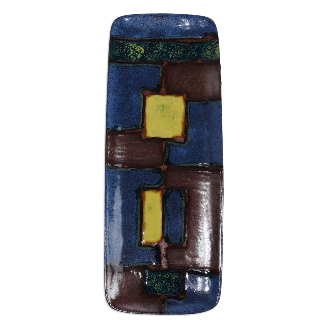 Mosaic-Themed Blue and Brown Rectangular Ceramic Platter - Mosaic Feast