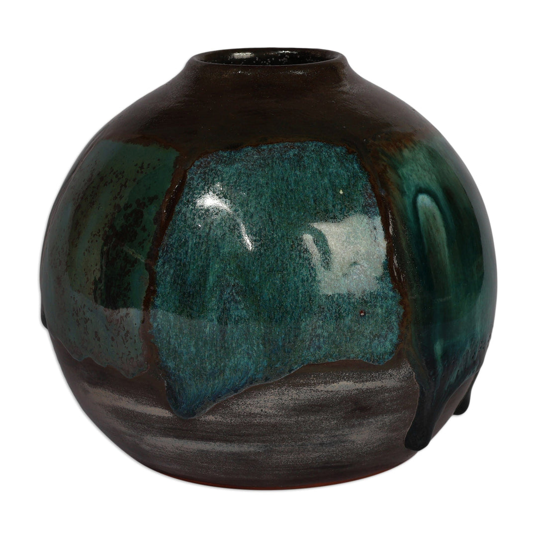 Abstract Brown and Turquoise Ceramic Vase Crafted in Armenia - Ocean Whisper