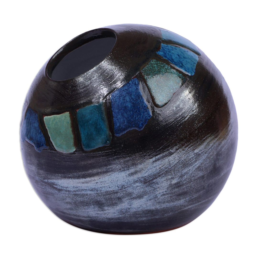 Semi-Abstract Round Inclined Blue and Brown Ceramic Vase - Inclined Balance