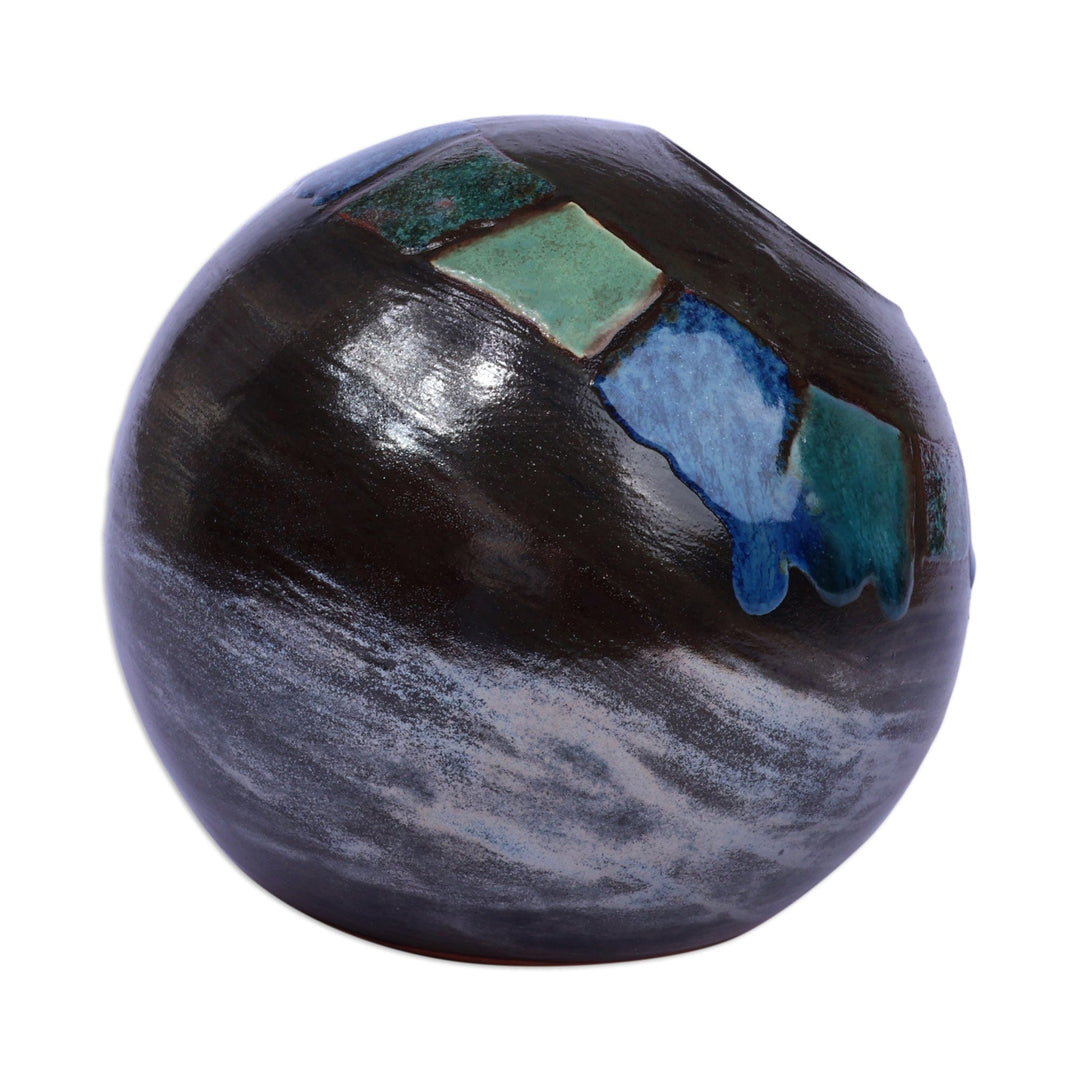 Semi-Abstract Round Inclined Blue and Brown Ceramic Vase - Inclined Balance