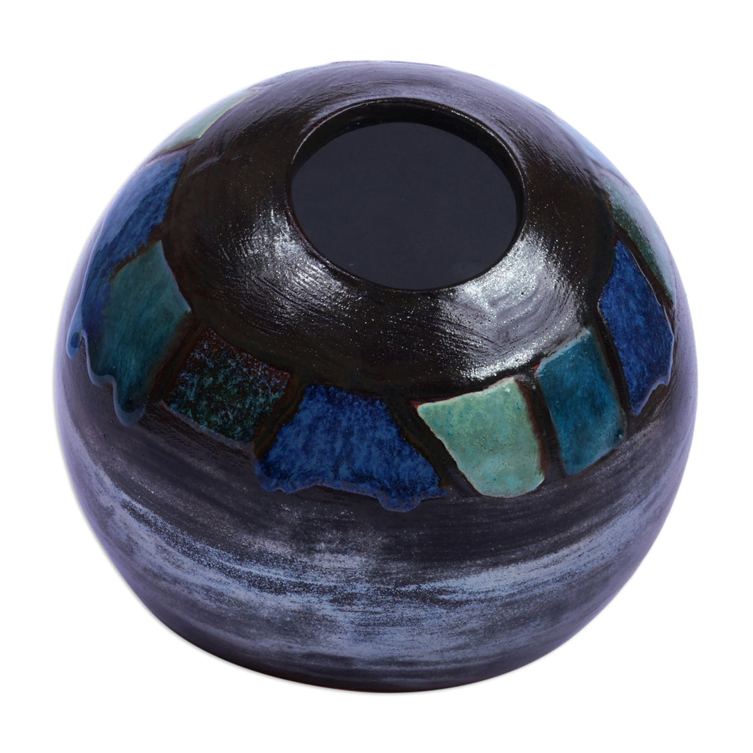 Semi-Abstract Round Inclined Blue and Brown Ceramic Vase - Inclined Balance