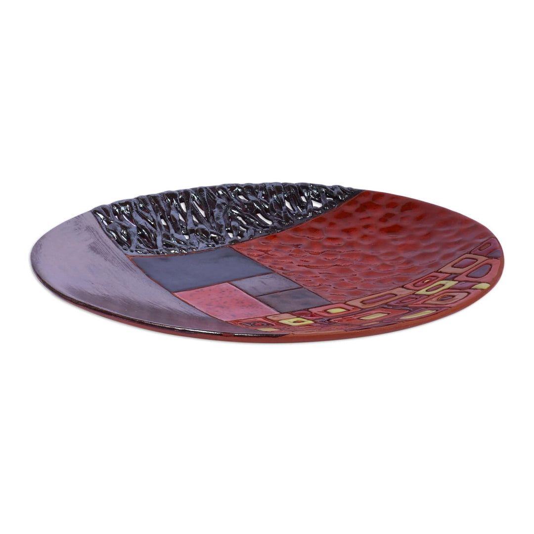 Armenian-Made Warm-Toned Glazed Round Ceramic Serving Plate - Sunburst Mosaic