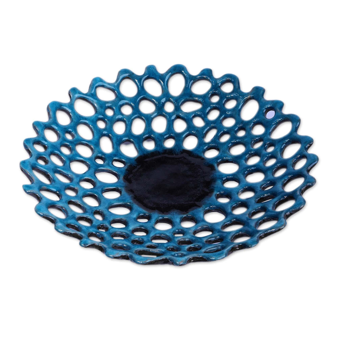 Semi-Abstract Glazed Blue and Black Ceramic Centerpiece - Blue Connections