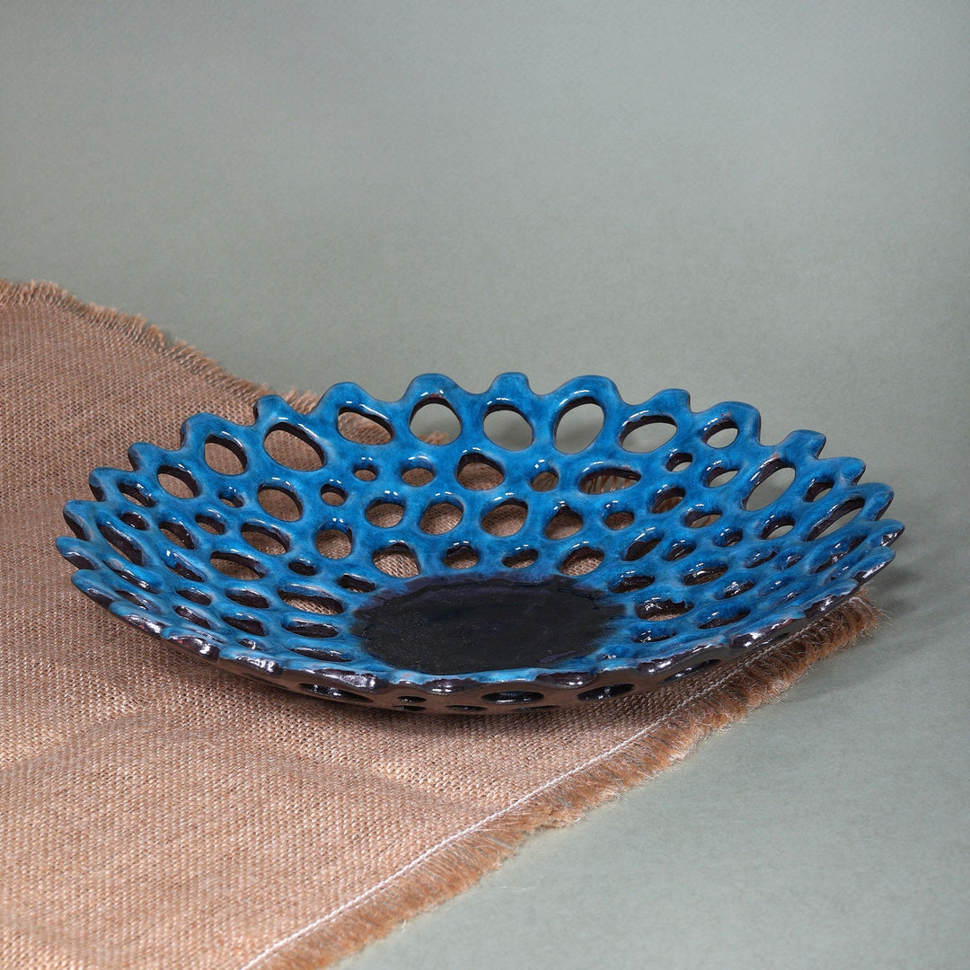 Semi-Abstract Glazed Blue and Black Ceramic Centerpiece - Blue Connections