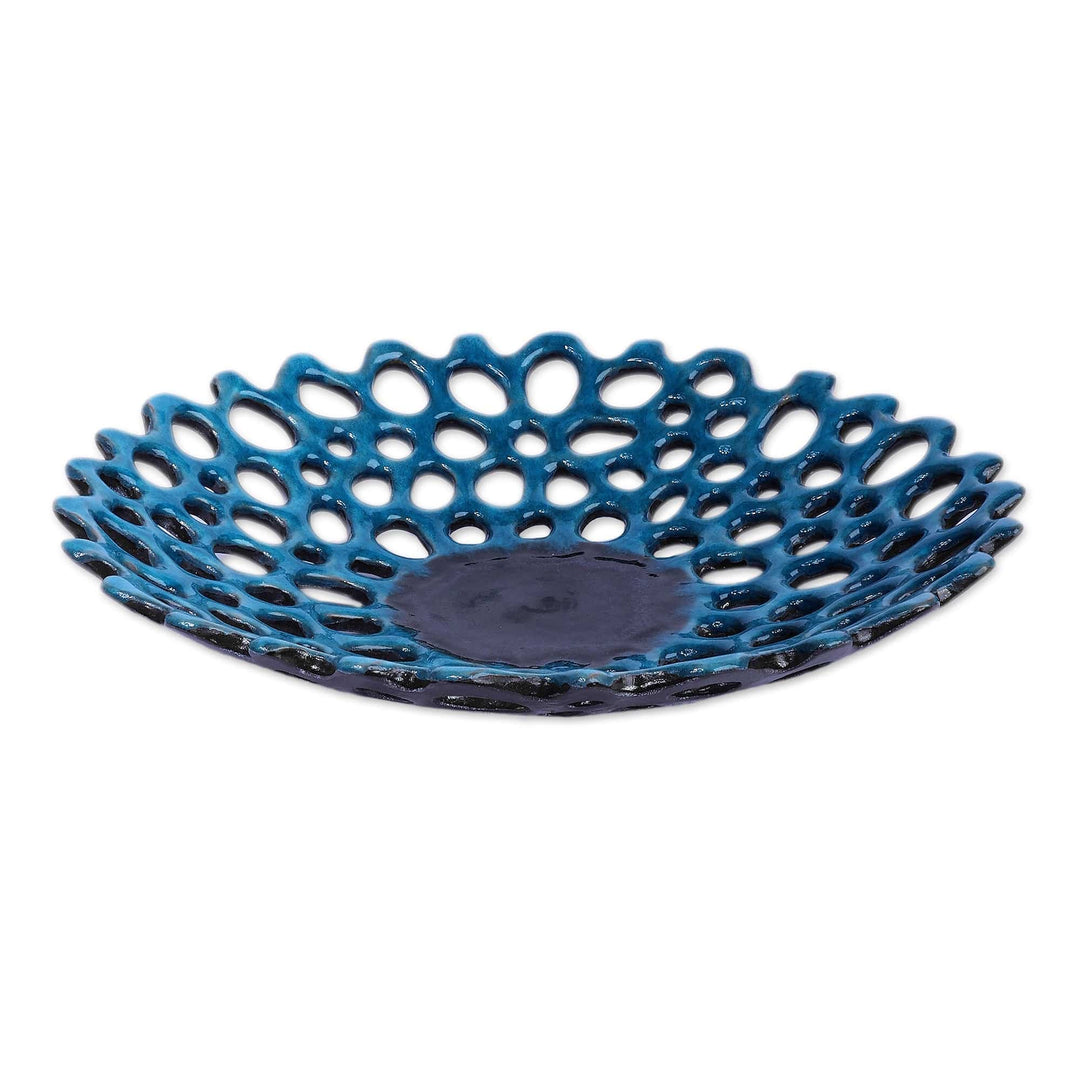 Semi-Abstract Glazed Blue and Black Ceramic Centerpiece - Blue Connections