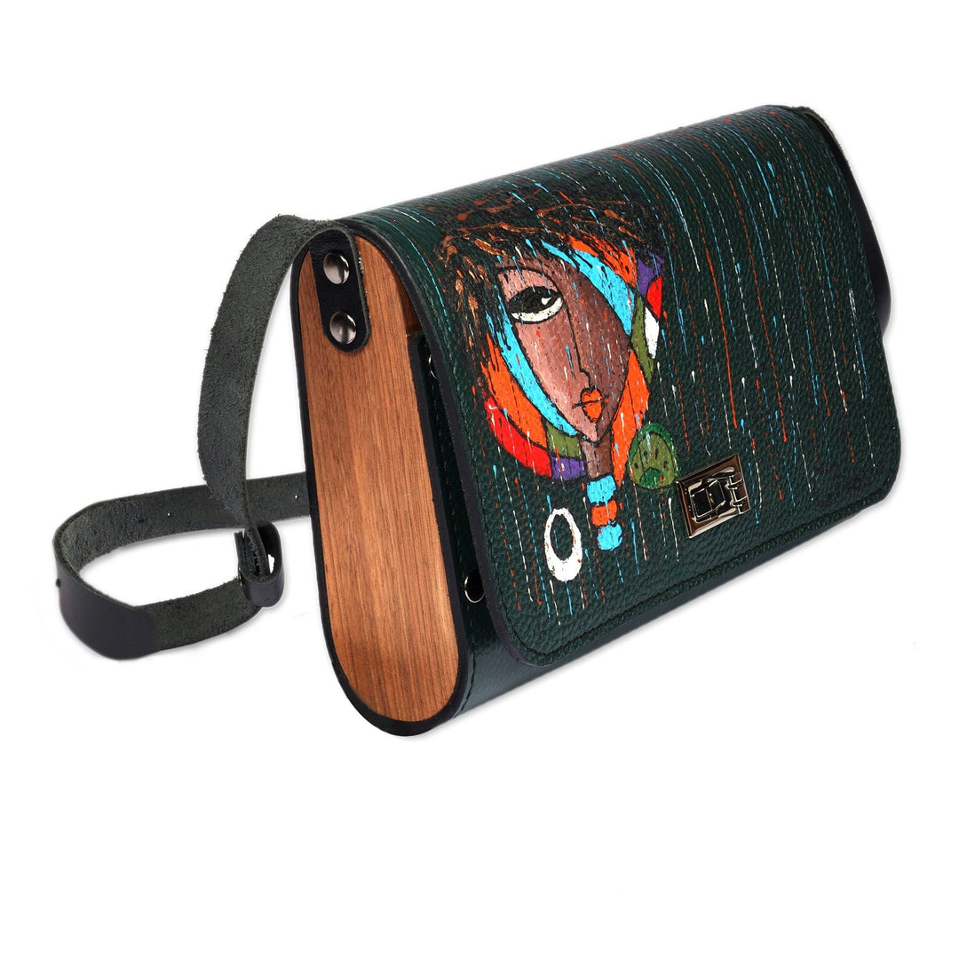 Hand-Painted Adjustable Leather and Walnut Wood Sling Bag - Chromatic Goddess
