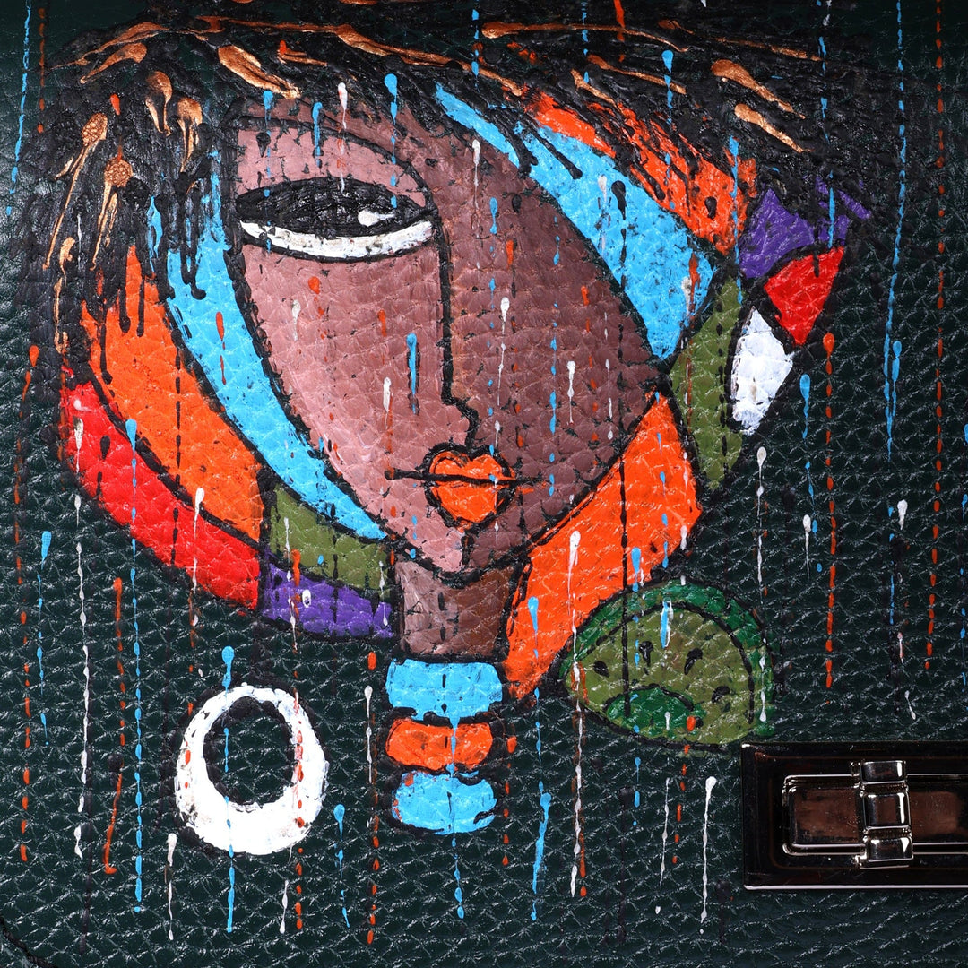 Hand-Painted Adjustable Leather and Walnut Wood Sling Bag - Chromatic Goddess