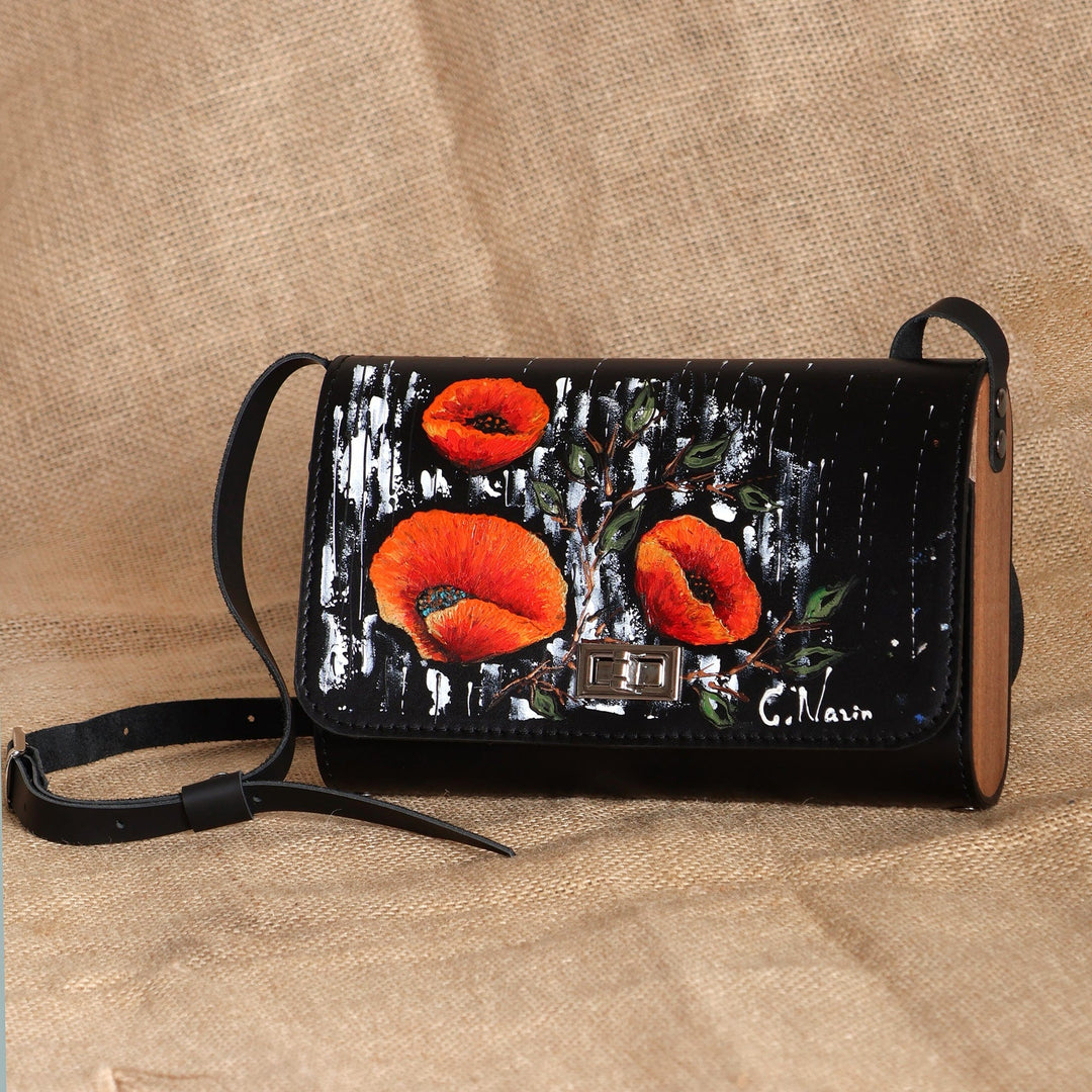 Tulip-Themed Hand-Painted Leather and Walnut Wood Sling Bag - Tulip Dream