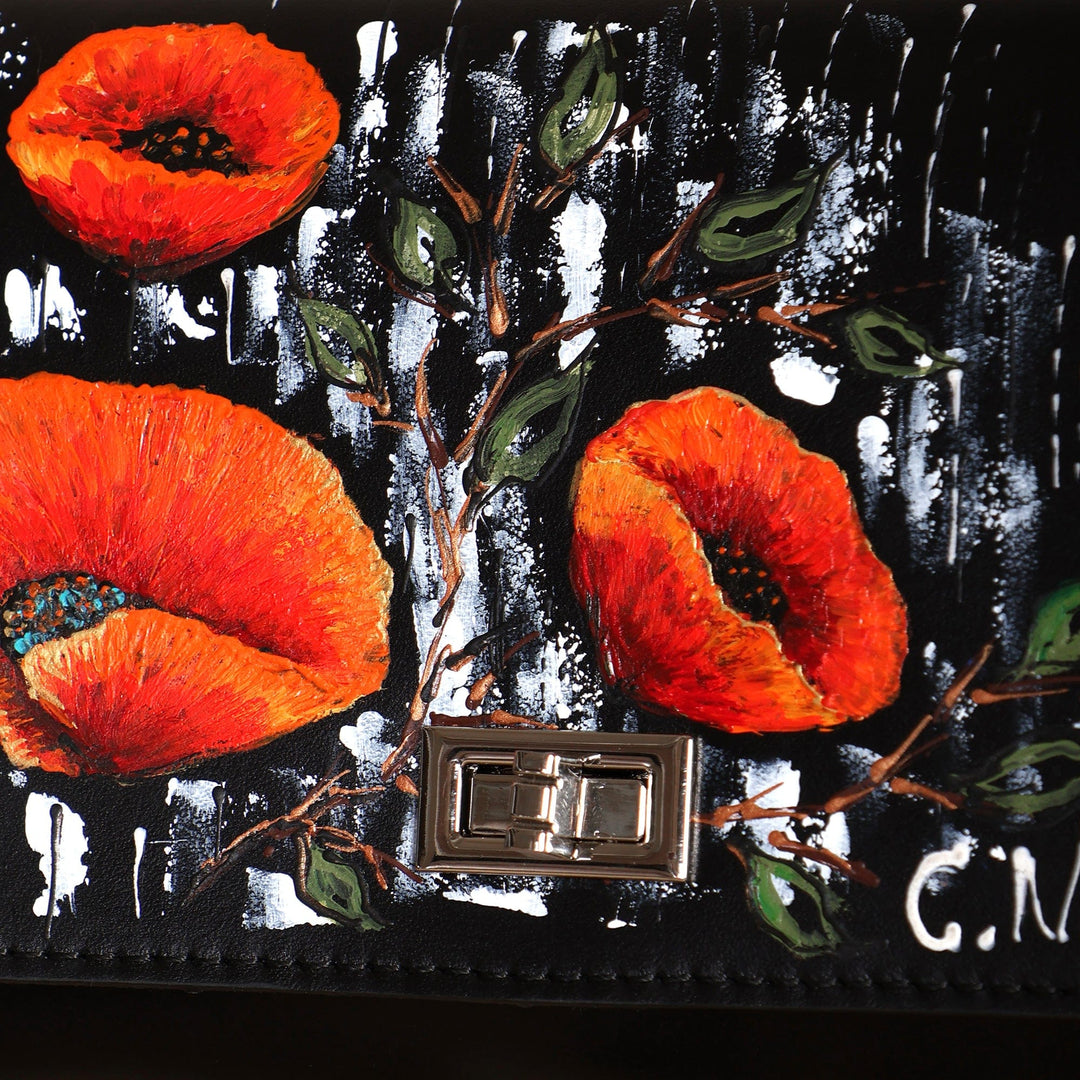 Tulip-Themed Hand-Painted Leather and Walnut Wood Sling Bag - Tulip Dream