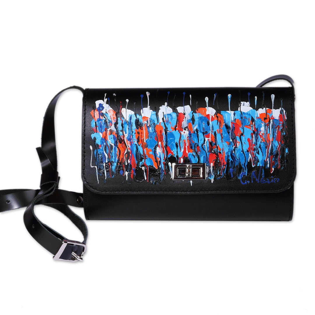 Abstract-Themed Blue and Black Leather and Wood Sling Bag - Prismatic Rain