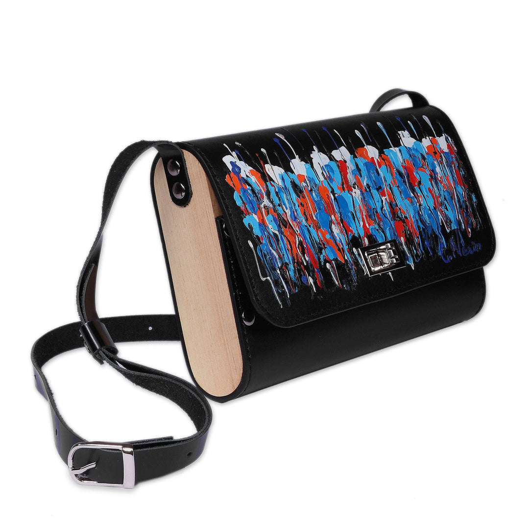 Abstract-Themed Blue and Black Leather and Wood Sling Bag - Prismatic Rain