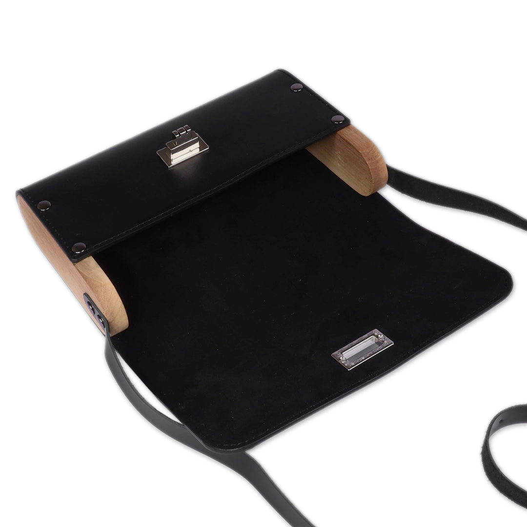 Abstract-Themed Blue and Black Leather and Wood Sling Bag - Prismatic Rain