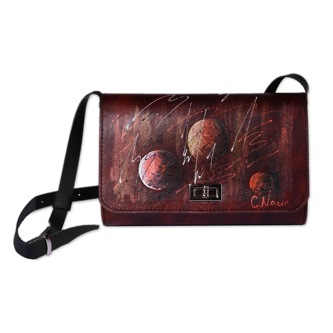 Armenian-Made Planet-Themed Brown Leather and Wood Sling Bag - Cosmic Voyage