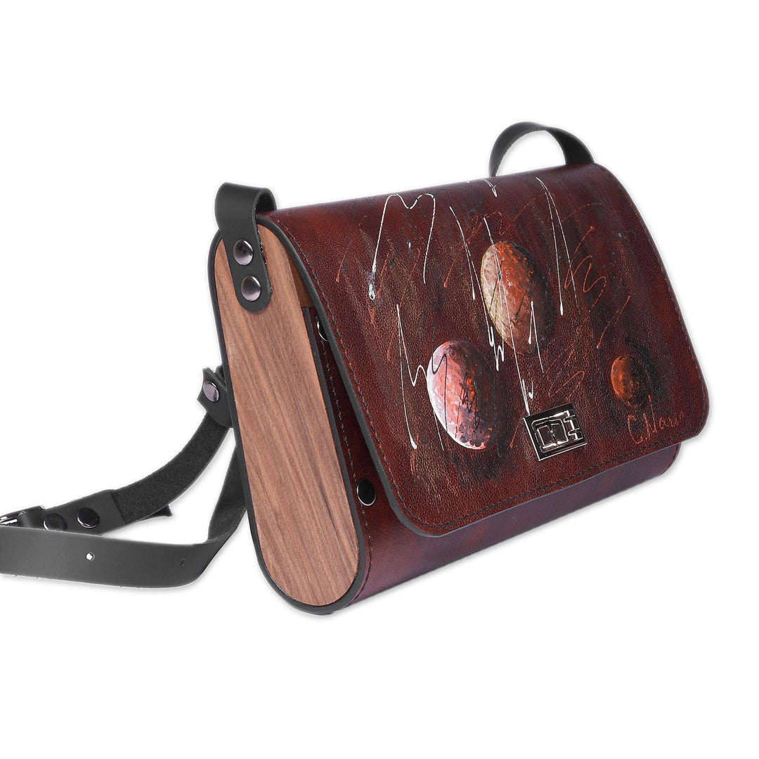 Armenian-Made Planet-Themed Brown Leather and Wood Sling Bag - Cosmic Voyage