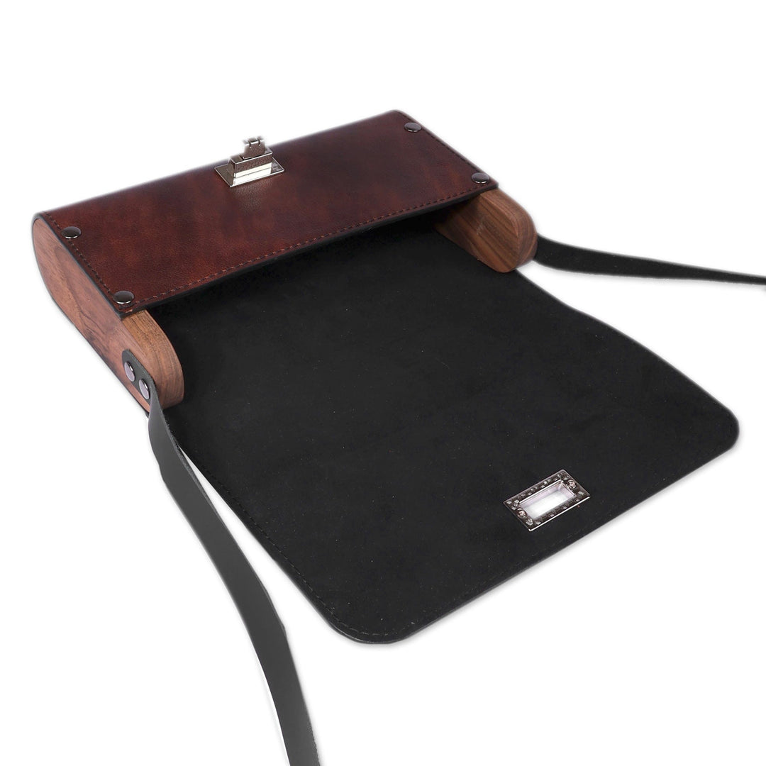 Armenian-Made Planet-Themed Brown Leather and Wood Sling Bag - Cosmic Voyage