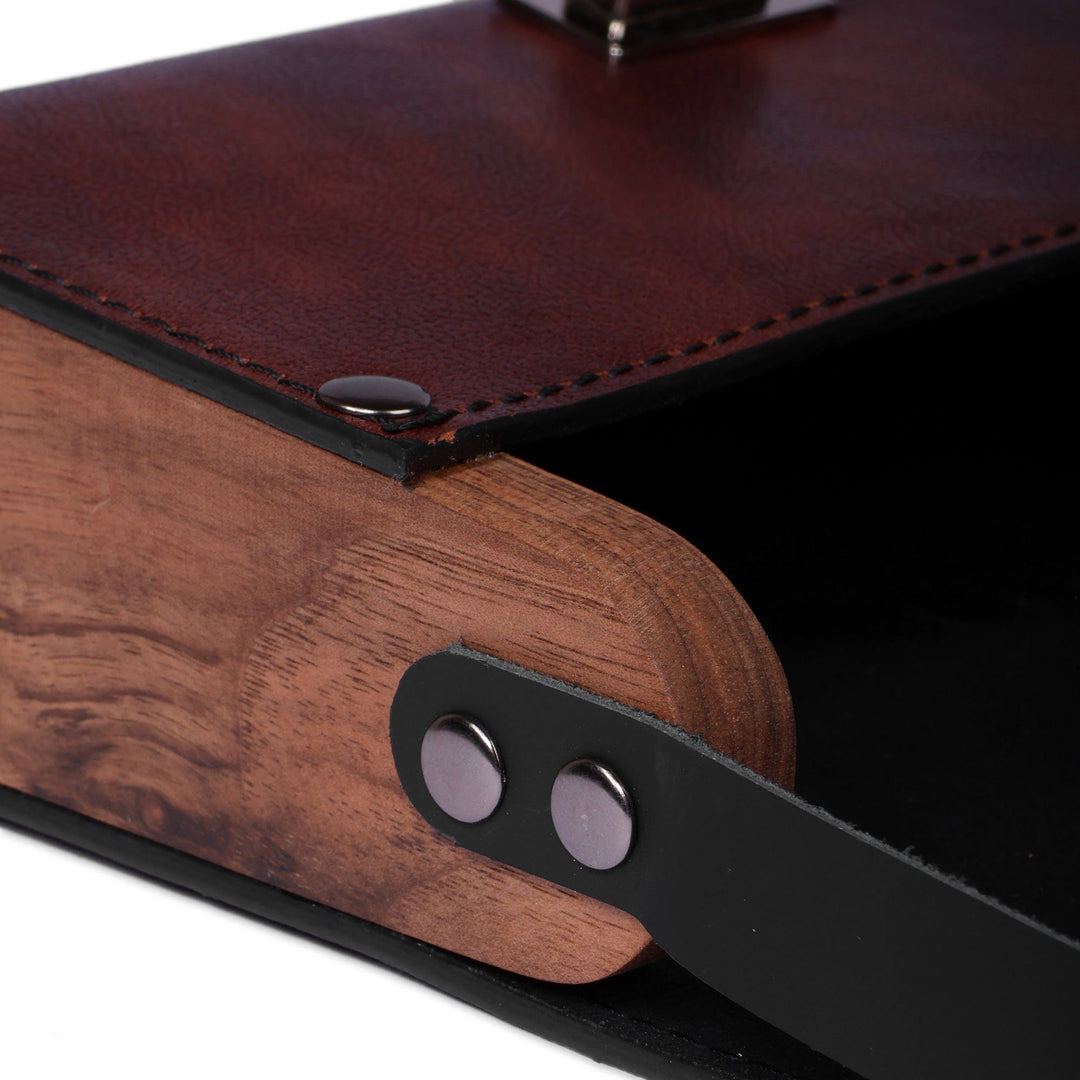 Armenian-Made Planet-Themed Brown Leather and Wood Sling Bag - Cosmic Voyage