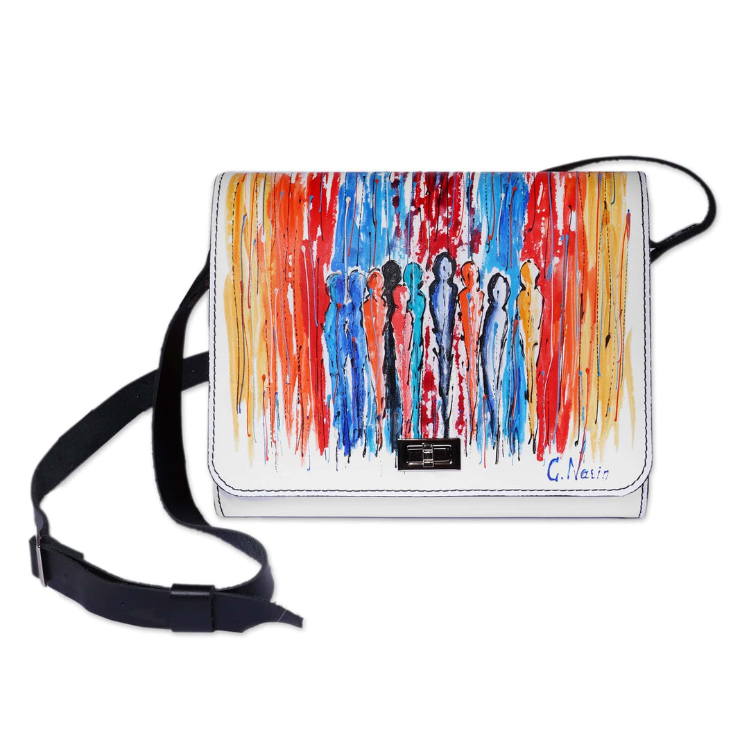 Adjustable Multicolor Leather and Walnut Wood Messenger Bag - Kaleidoscopic Splash
