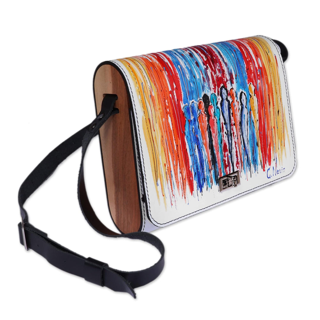 Adjustable Multicolor Leather and Walnut Wood Messenger Bag - Kaleidoscopic Splash