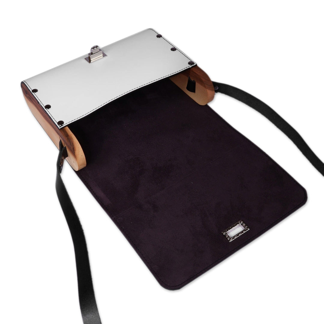 Adjustable Multicolor Leather and Walnut Wood Messenger Bag - Kaleidoscopic Splash