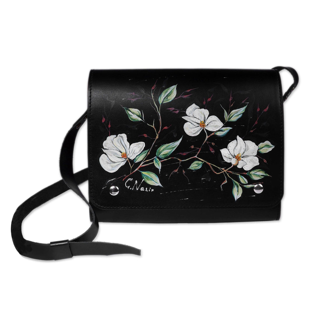 Spring-Inspired Floral Black Leather and Wood Messenger Bag - Blossoming Days