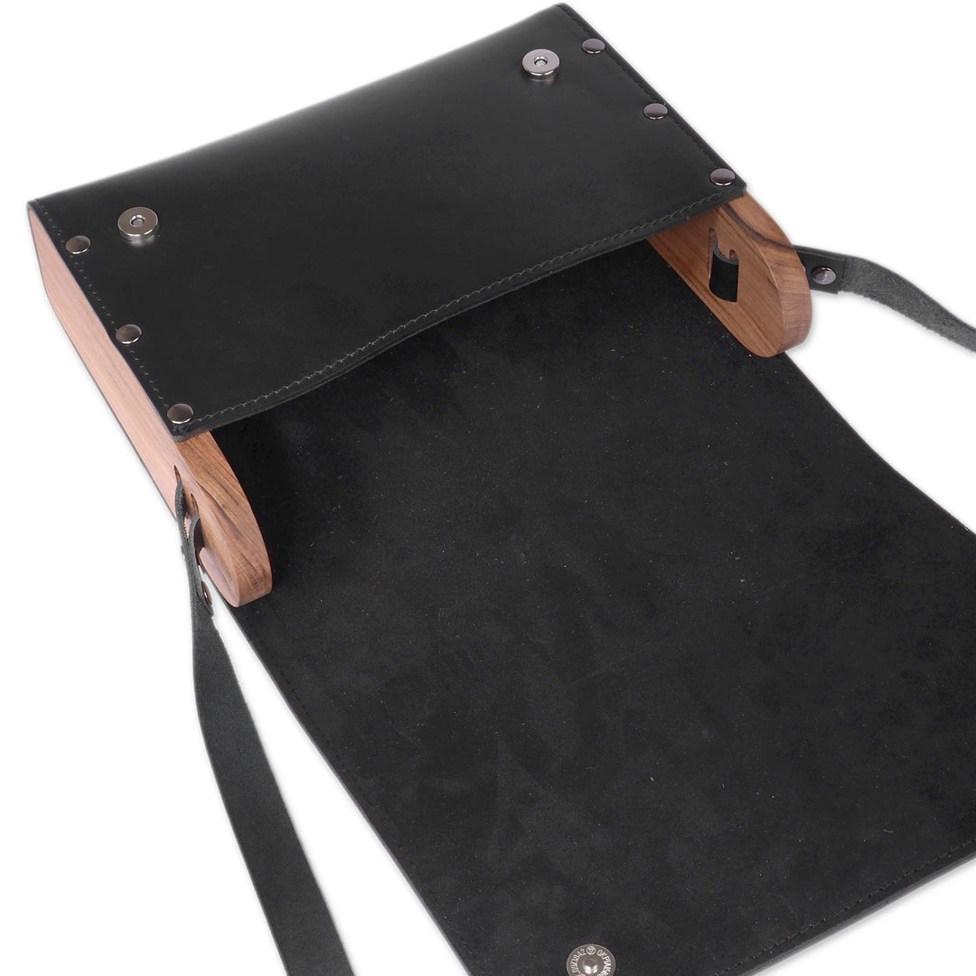Spring-Inspired Floral Black Leather and Wood Messenger Bag - Blossoming Days