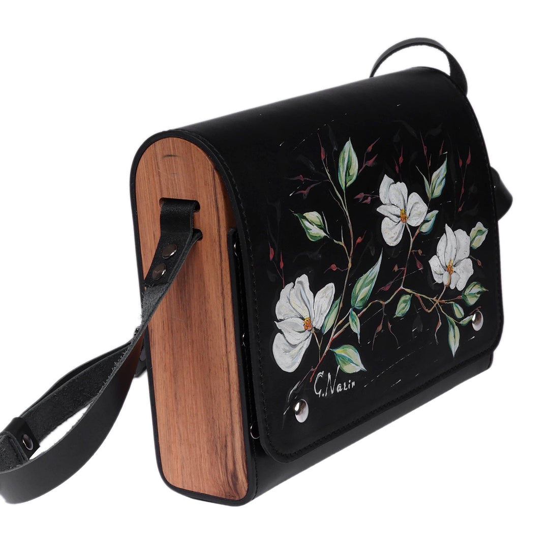Spring-Inspired Floral Black Leather and Wood Messenger Bag - Blossoming Days