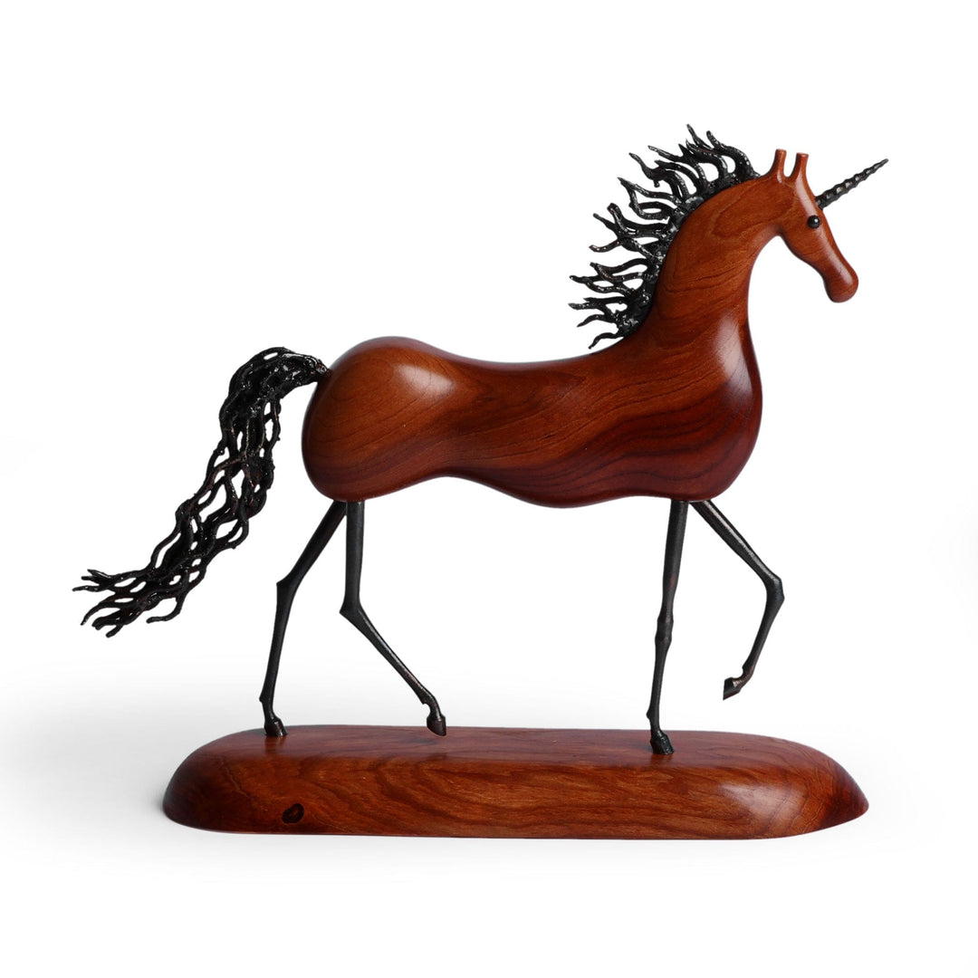Polished Unicorn-Themed Apricot Wood and Iron Sculpture - Whimsical Unicorn