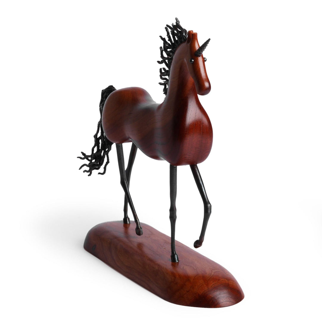 Polished Unicorn-Themed Apricot Wood and Iron Sculpture - Whimsical Unicorn