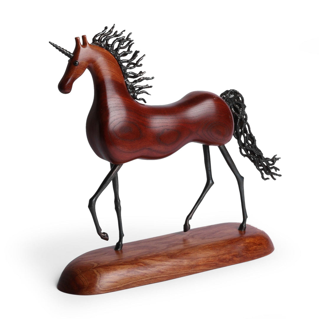 Polished Unicorn-Themed Apricot Wood and Iron Sculpture - Whimsical Unicorn