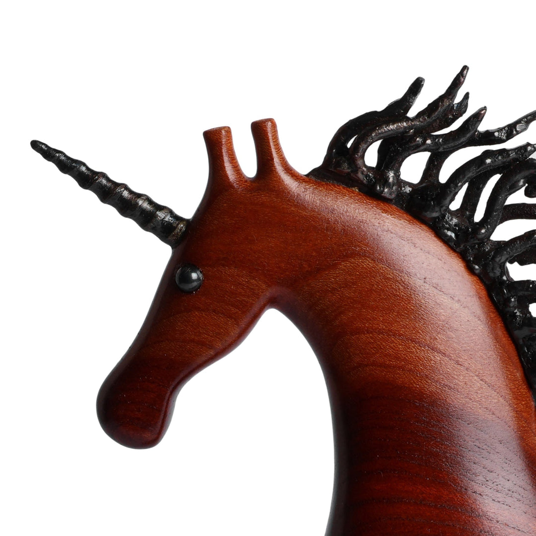 Polished Unicorn-Themed Apricot Wood and Iron Sculpture - Whimsical Unicorn