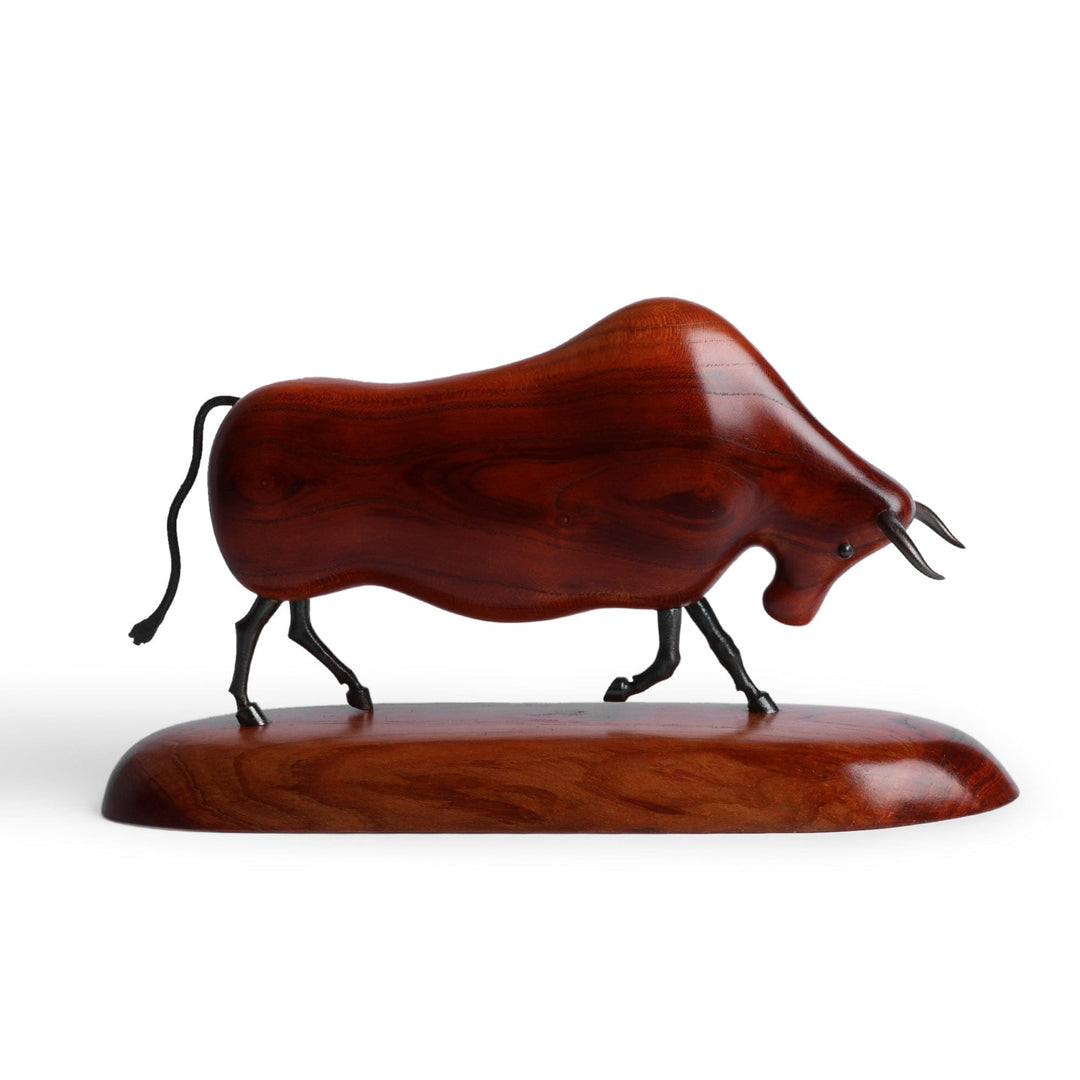 Handmade Apricot Wood and Iron Bull Sculpture from Armenia - Majestic Bull