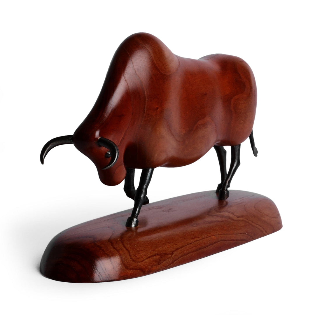 Handmade Apricot Wood and Iron Bull Sculpture from Armenia - Majestic Bull
