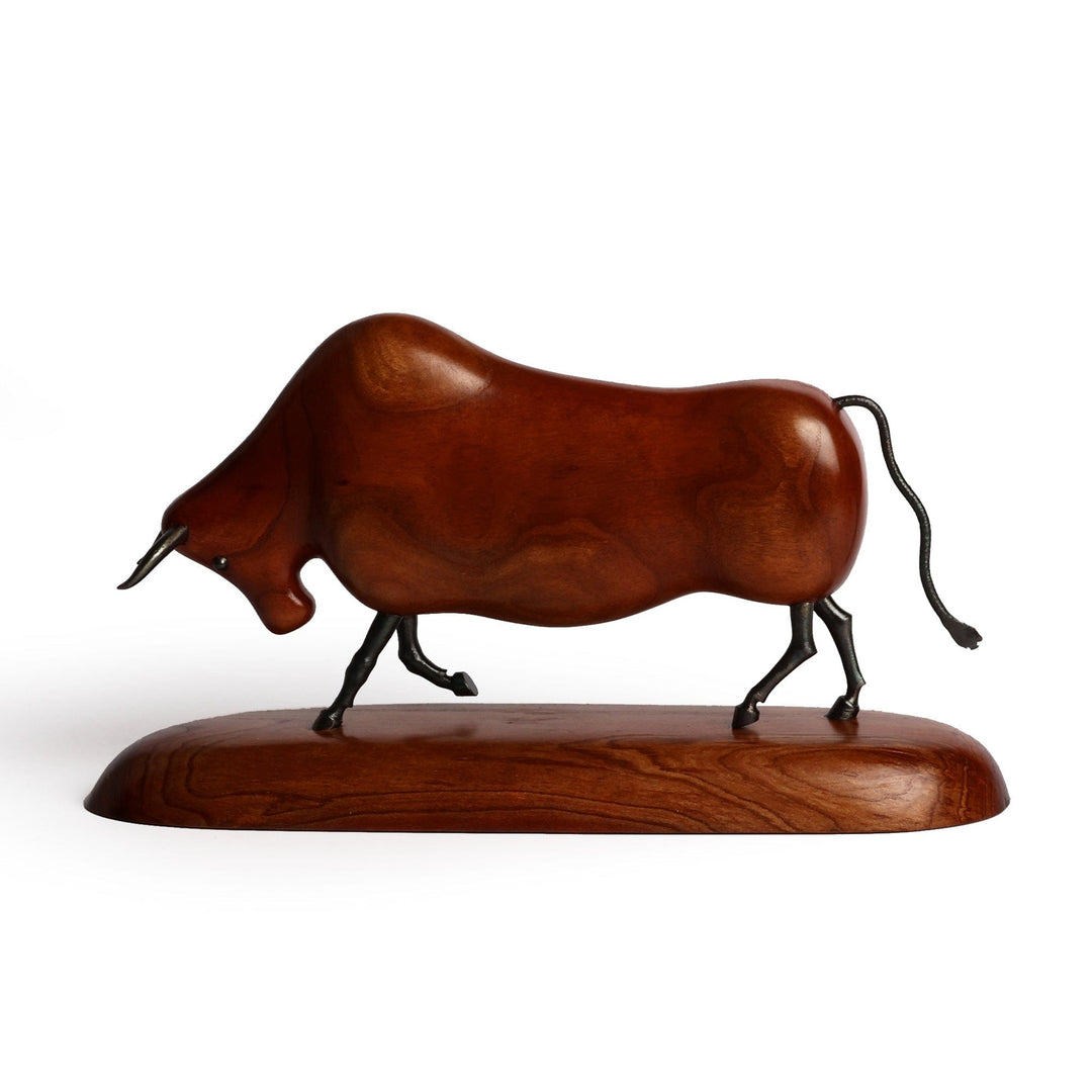 Handmade Apricot Wood and Iron Bull Sculpture from Armenia - Majestic Bull