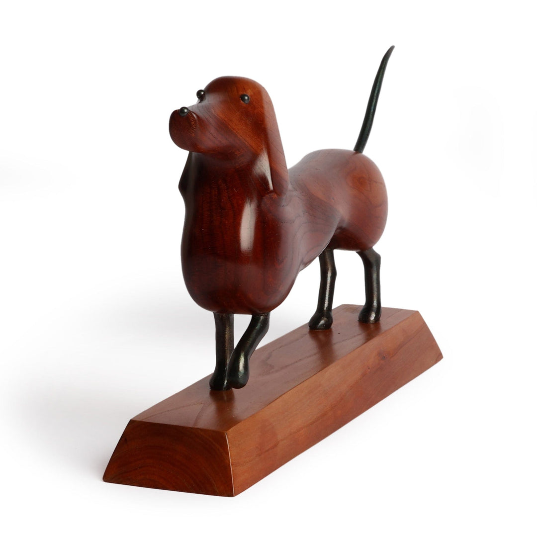 Hand-Carved Dachshund-Themed Apricot Wood and Iron Sculpture - Tenacious Paws