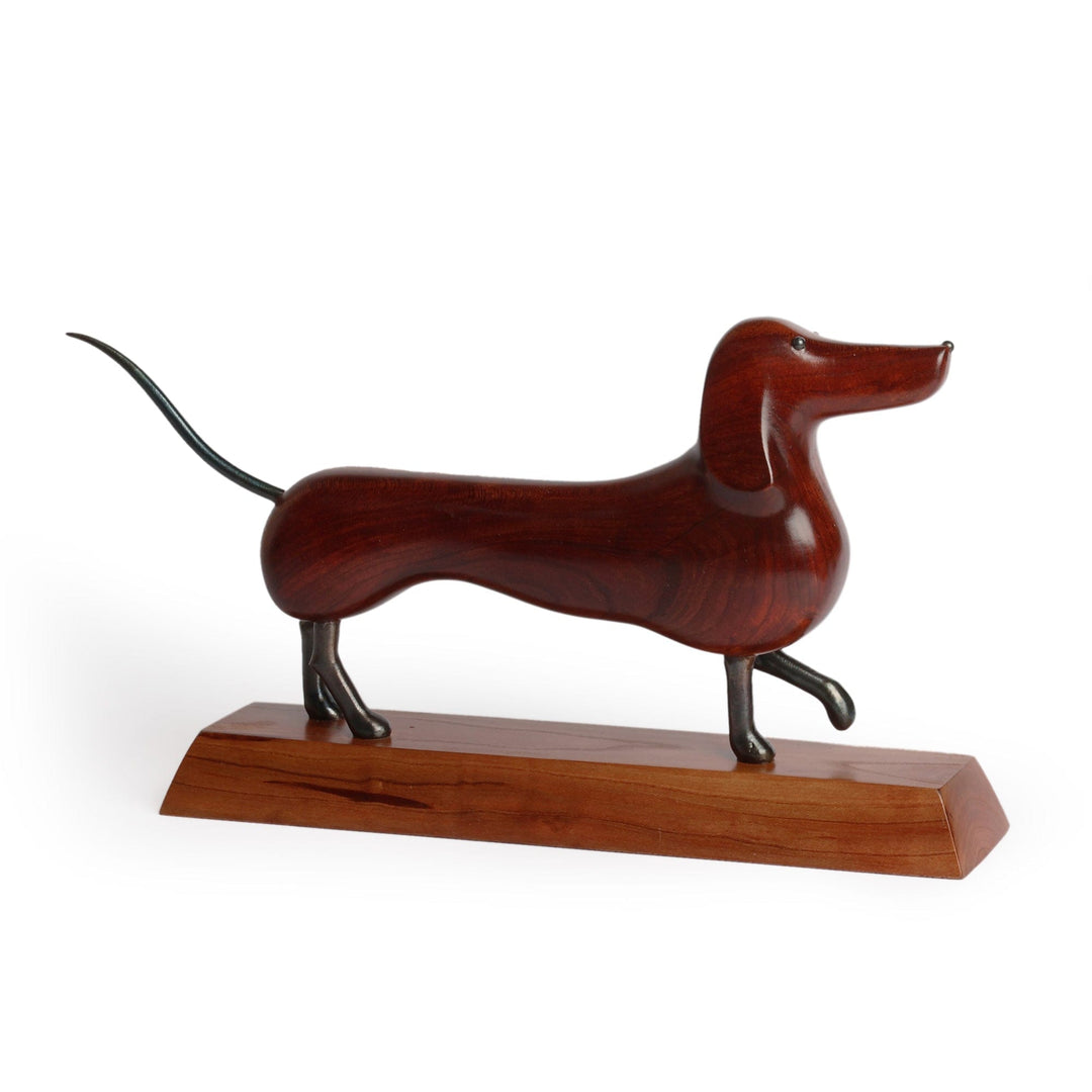 Hand-Carved Dachshund-Themed Apricot Wood and Iron Sculpture - Tenacious Paws