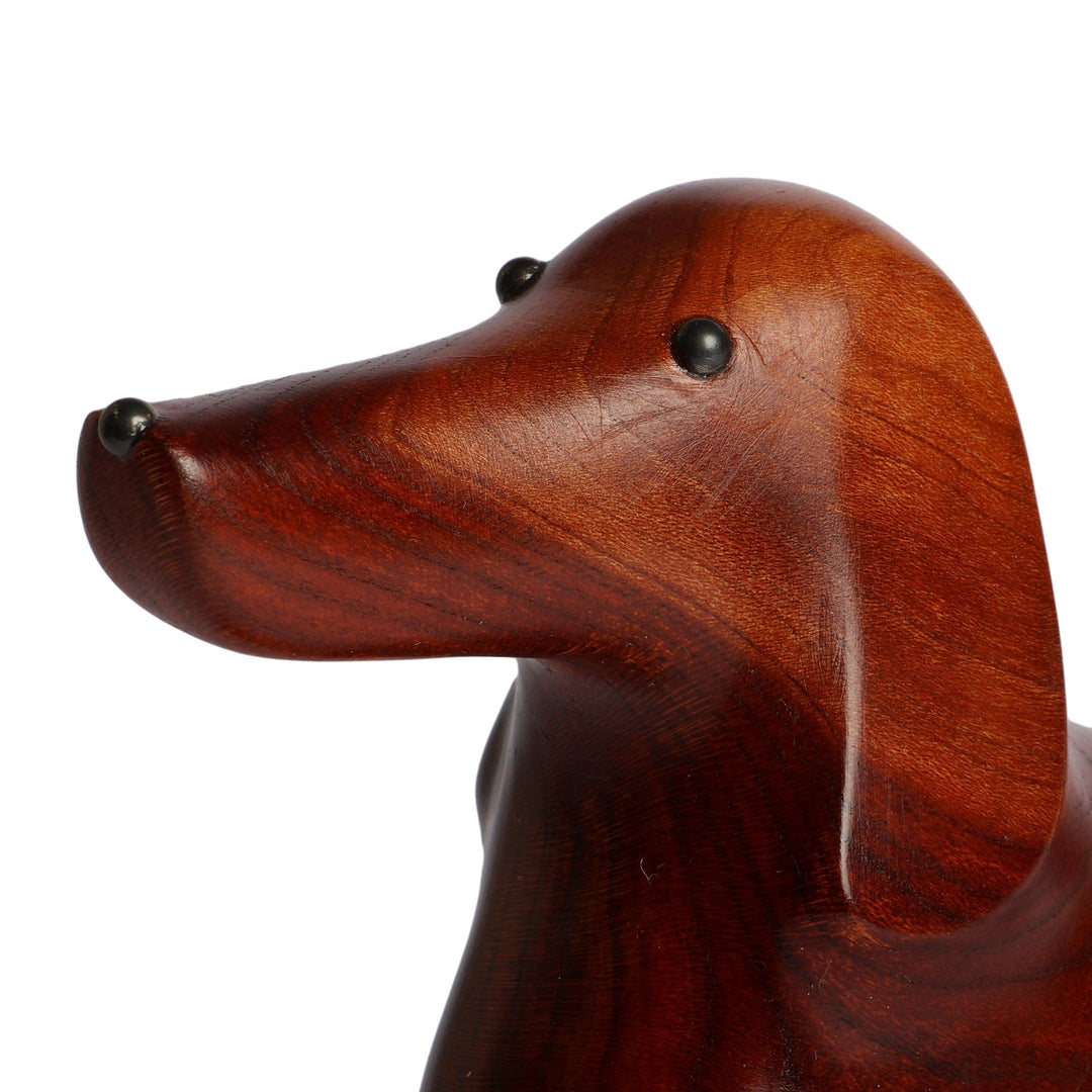 Hand-Carved Dachshund-Themed Apricot Wood and Iron Sculpture - Tenacious Paws