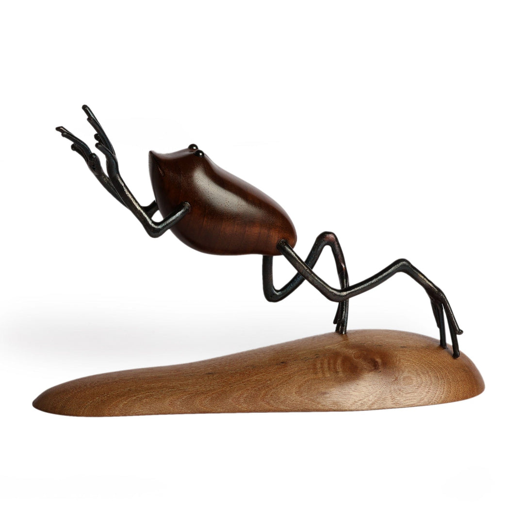 Polished Apricot Wood and Iron Frog Sculpture from Armenia - Leaping to Nature