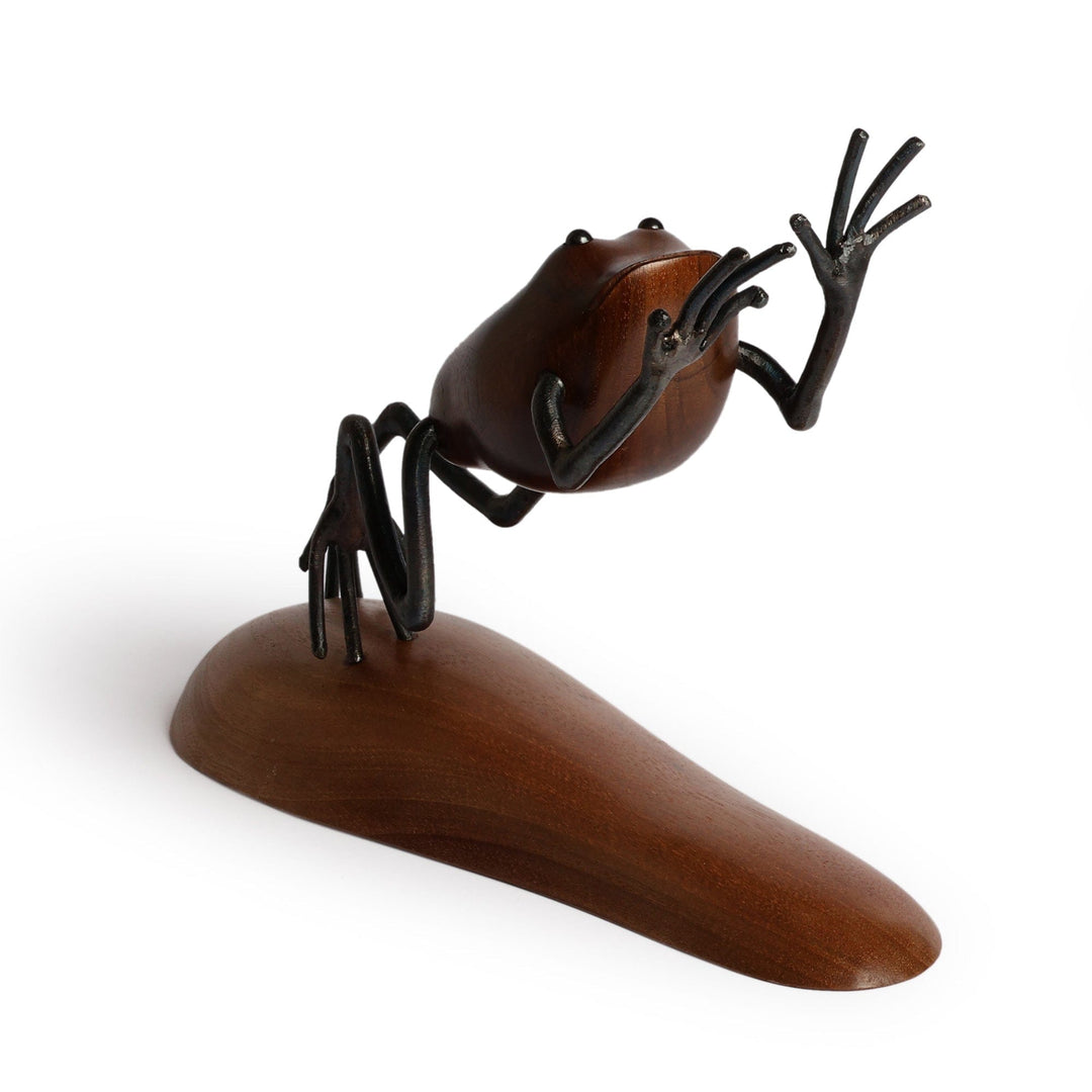 Polished Apricot Wood and Iron Frog Sculpture from Armenia - Leaping to Nature