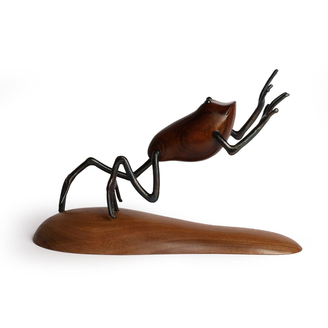 Polished Apricot Wood and Iron Frog Sculpture from Armenia - Leaping to Nature