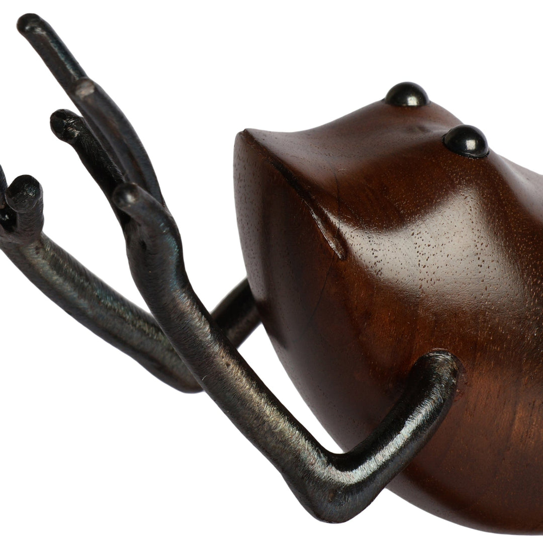 Polished Apricot Wood and Iron Frog Sculpture from Armenia - Leaping to Nature