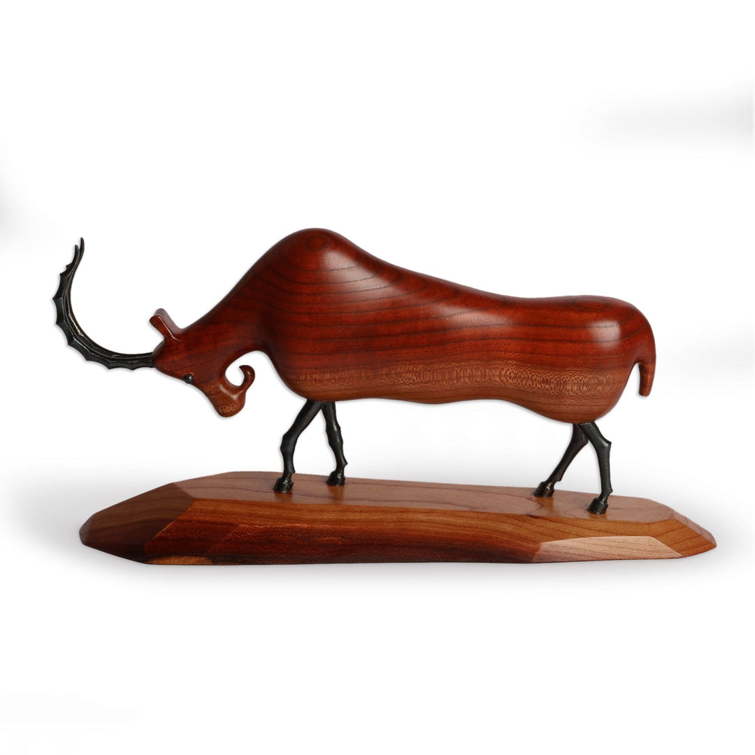 Folk Art-Inspired Carved Apricot Wood and Iron Ram Sculpture - Majestic Ram