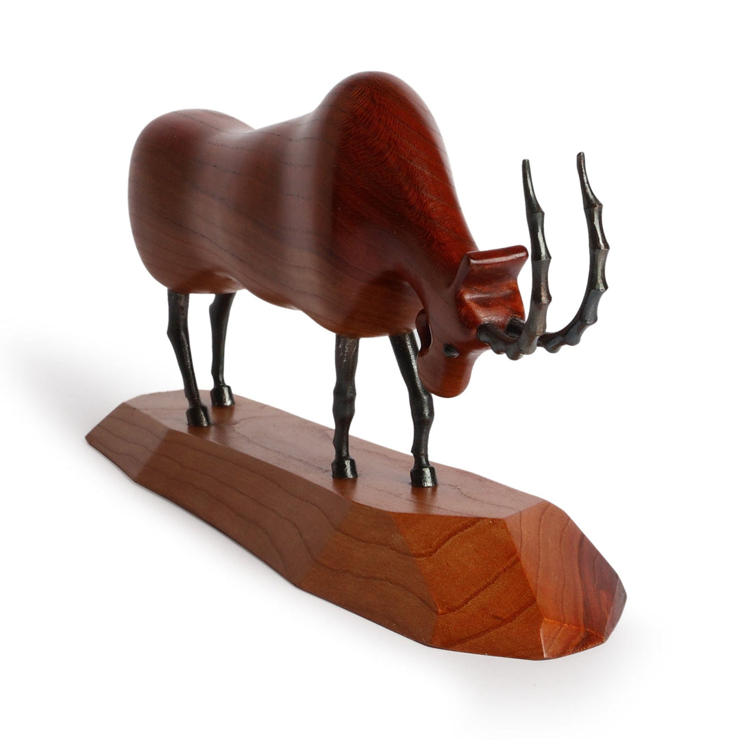 Folk Art-Inspired Carved Apricot Wood and Iron Ram Sculpture - Majestic Ram