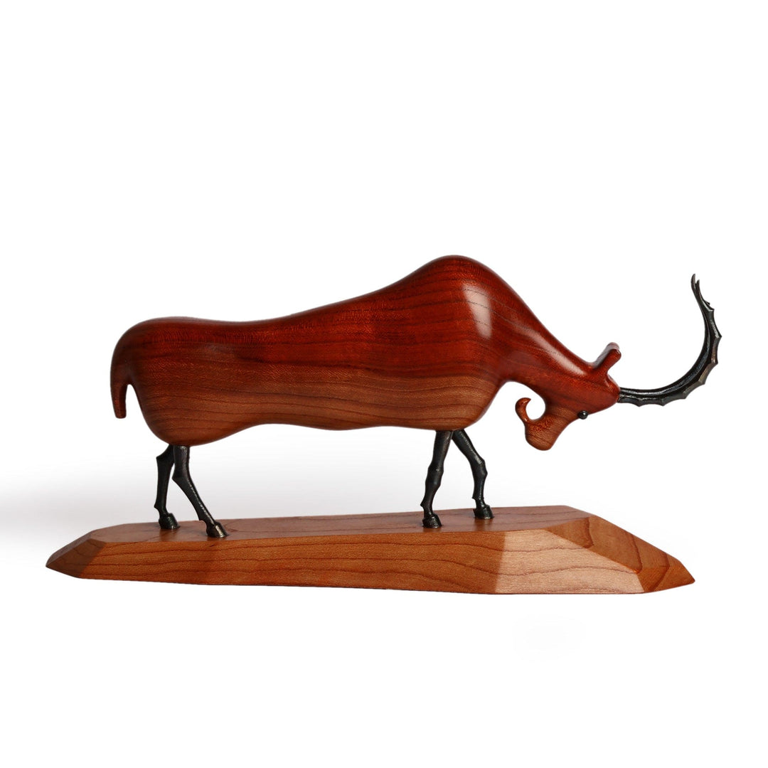 Folk Art-Inspired Carved Apricot Wood and Iron Ram Sculpture - Majestic Ram