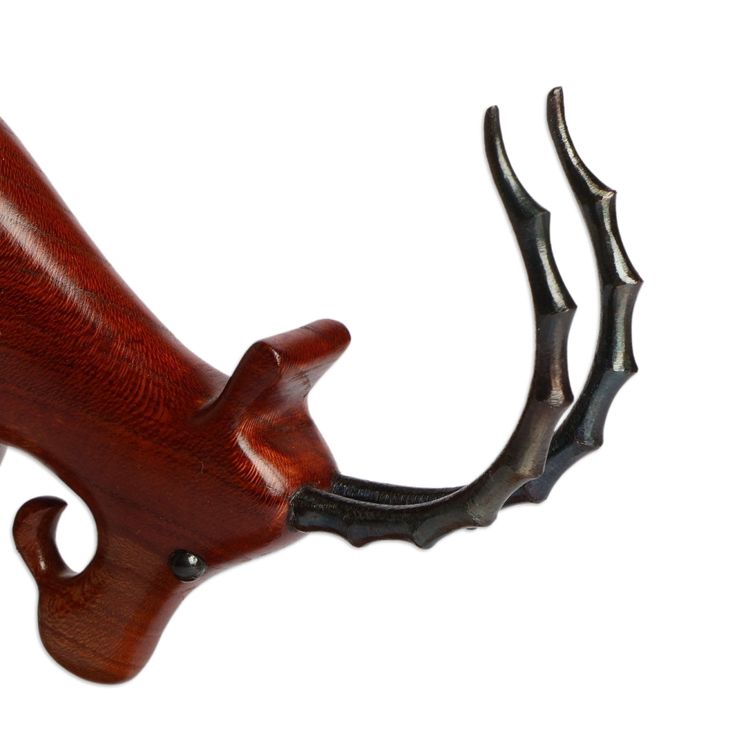 Folk Art-Inspired Carved Apricot Wood and Iron Ram Sculpture - Majestic Ram