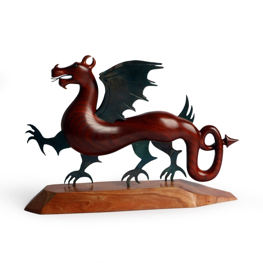 Traditional Handmade Apricot Wood and Iron Dragon Sculpture - Ethereal Dragon
