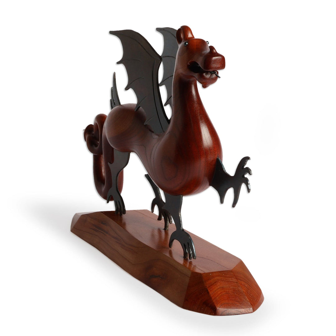 Traditional Handmade Apricot Wood and Iron Dragon Sculpture - Ethereal Dragon