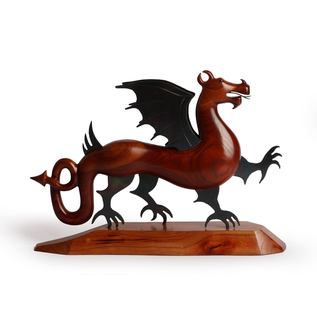 Traditional Handmade Apricot Wood and Iron Dragon Sculpture - Ethereal Dragon