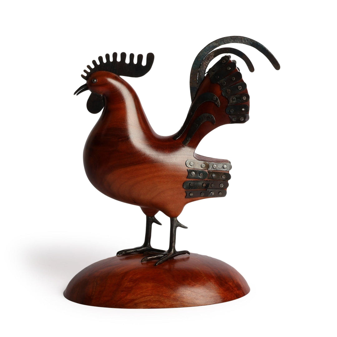 Armenian Handmade Apricot Wood and Iron Rooster Sculpture - Courteous Rooster
