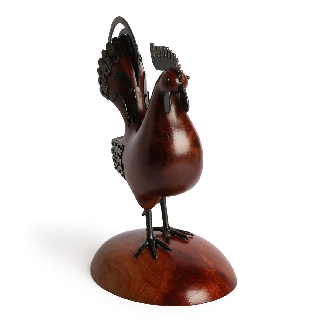 Armenian Handmade Apricot Wood and Iron Rooster Sculpture - Courteous Rooster