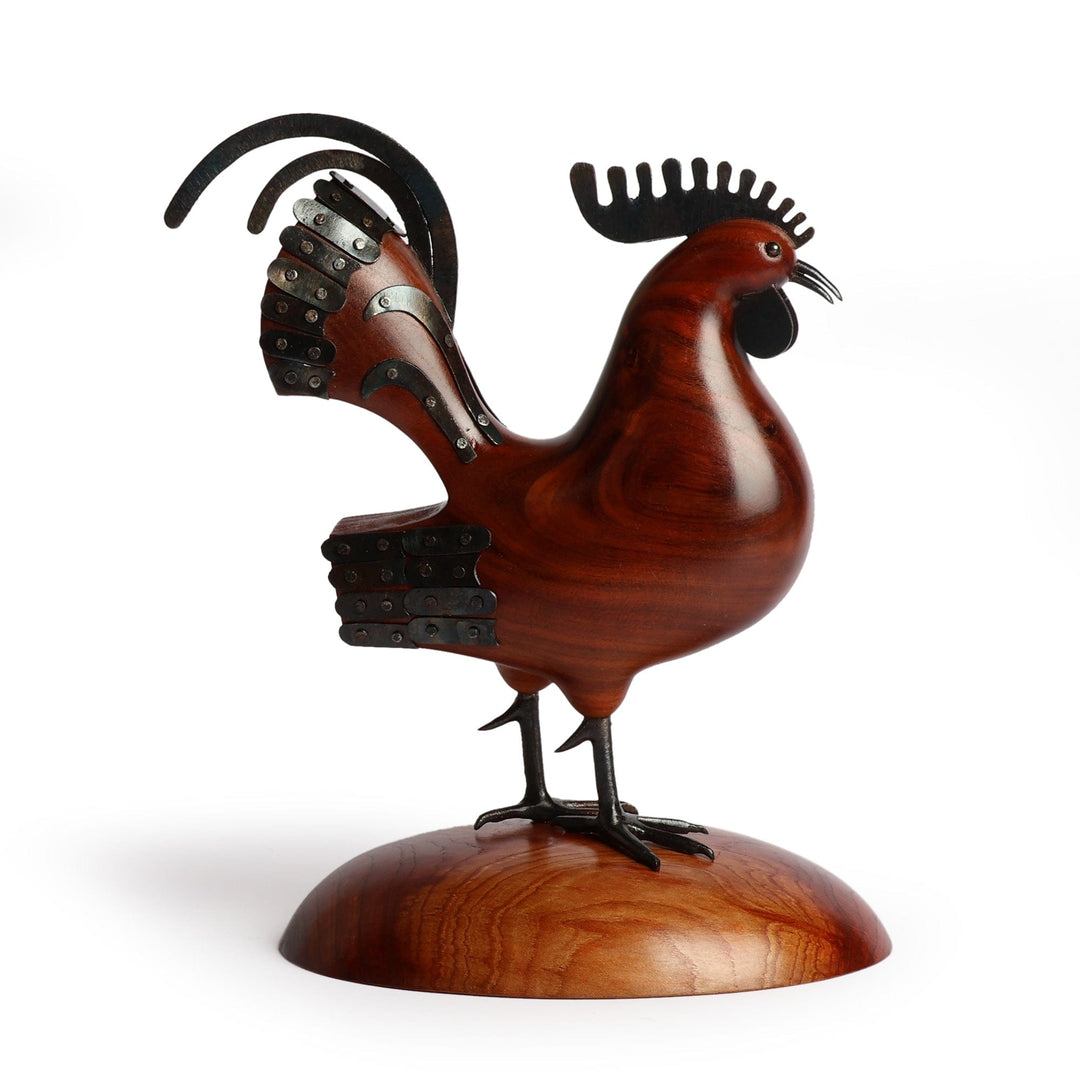 Armenian Handmade Apricot Wood and Iron Rooster Sculpture - Courteous Rooster